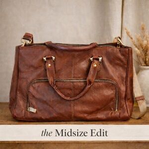 Cognac Genuine Leather Crossbody Satchel | Vintage Style Work Tote